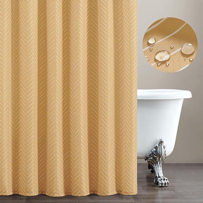 jinchan Mustard Shower Curtain with White Herringbone Striped Zig Zag Chevron Waterproof Fabric Modern Farmhouse Shower Curtains for Bathroom with 12 Hooks 70x72 Inches