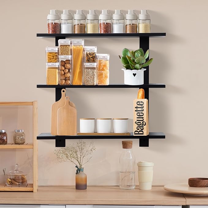 3 Tier Floating Shelves,Long Wall Shelf,Over The Toilet Shelves Bathroom Hanging Display Storage Rustic for Living Room Bedroom Kitchen Office Coffee Bar Decor Decorative,24 Inch,2 Pack,(Black)