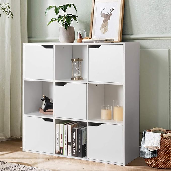 Giantex 9-Cube Storage Organizer, Storage Cabinet with 4 Open Cubes and 5 Cabinets, Freestanding Wooden Cubby Bookcase, Compartment Units for Home Office, 3-Tier Bookshelf for Books
