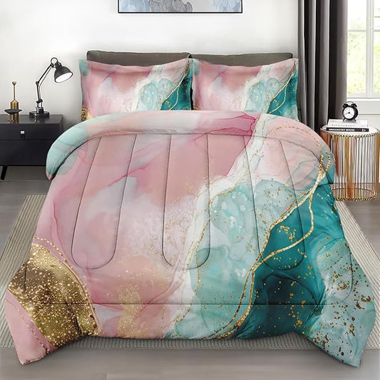 Comforter Set with 2 Pillowcases King Size, Pink Teal Gold Marble, Bed Decor Turquoise Rose Dye Abstract for Kids and Adults, Soft Cozy Bedroom Bedding Set
