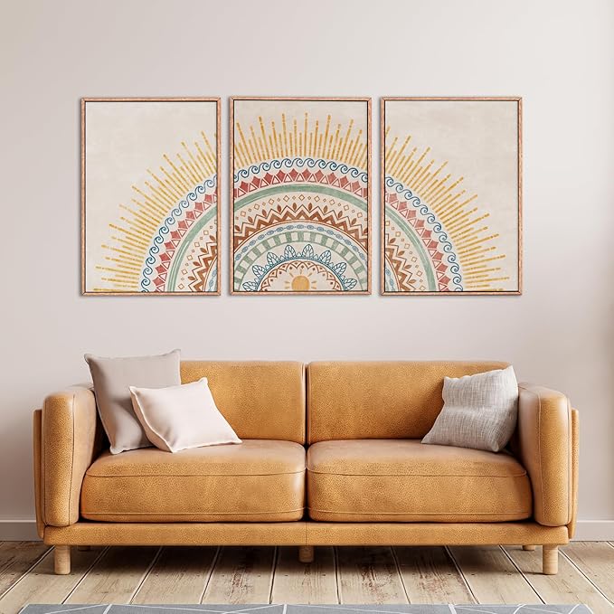 HPINUB Boho Sun Framed Canvas Wall Art Set, Mid-Century Modern Wall Decor, Minimalism Bohemian Wall Painting, Abstract Geometric Pattern Art Print for Living Room, Bedroom, Office - 16"x24"x3