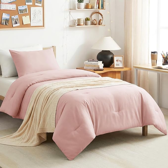 CozyLux Twin Comforter Set College Dorm Essentials, 2 Pieces Blush Pink Twin Extra Long Solid Bedding Sets, Twin XL Bed Set with Down Alternative Comforter and 1 Pillowcase, Back to School Room Gift