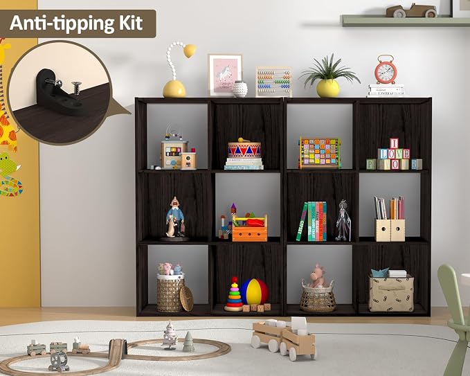 PrimeZone Stackable 6 Cube Storage Organizer: Wood Cubes Shelf Fits Cubby Bins - Square Cubicle Bookshelf Cabinet for Closet Bedroom - Open Storage Shelf for Toy Clothes Book Organization, Espresso
