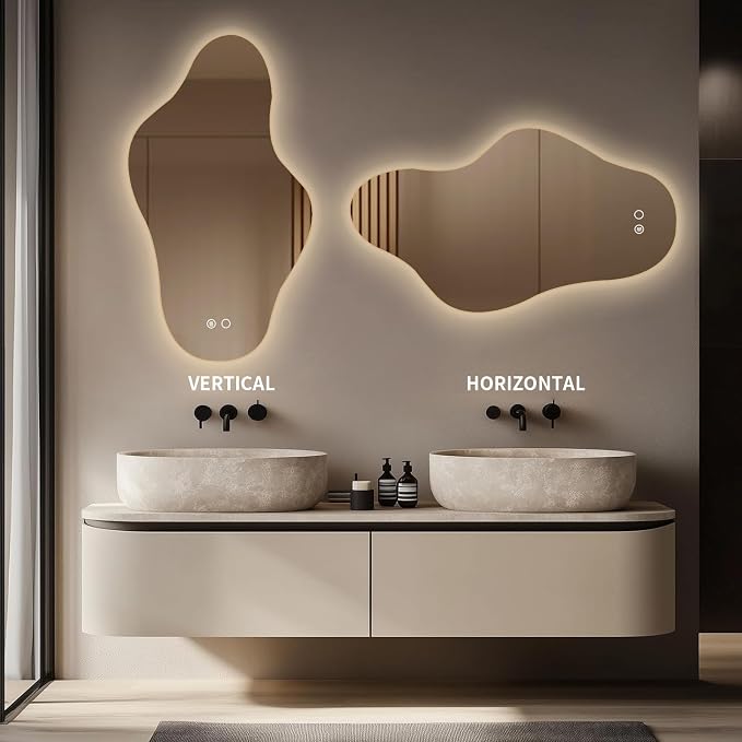 Modern Irregular LED Bathroom Mirror with Lights, Asymmetrical Frameless Smart Lighted Wall Mirror for Living Room Entryway, Large Decorative Makeup Vanity Mirror with Touch Switch(27.2″x47.2″)