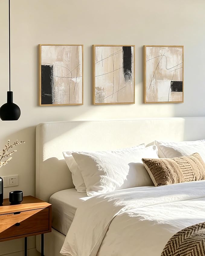 KUVIOKE Abstract Framed Wall Art Minimalist Beige Pastel Watercolor Neutral Wall Decor Modern Black Line Art Painting Home Decor 11x14in (Natural Framed)