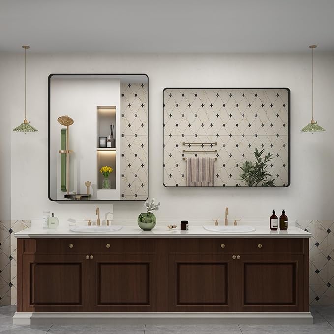 50x40 Inch Black Metal Framed Bathrrom Mirror for Wall, Black Matte Rounded Rectangle Bathroom Vanity Mirror, Anti-Rust, Tempered Glass, Hangs Horizontally or Vertically