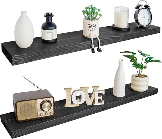 BGMG Wood Floating Shelves 48 Inch, Set of 2, Wide Rustic Wooden Wall Shelves for Bathroom Living Room Bedroom Kitchen Farmhouse - 48x 6.7 x1.25 Inch - Black