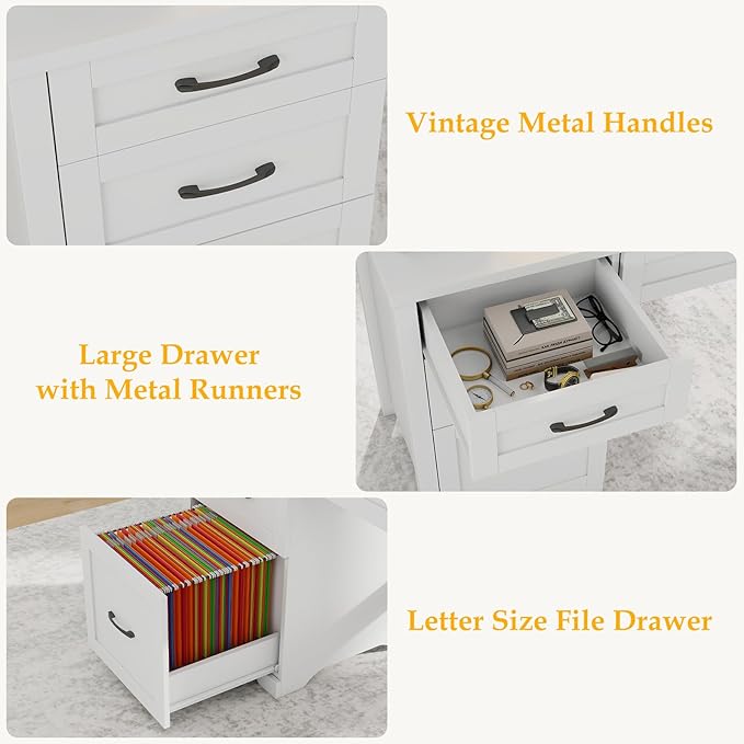 Farmhouse 47" Executive Desk with File Drawer, Wood Computer Desk with 3 Storage Drawers, Workstation for Home Office, Study, Writing（White