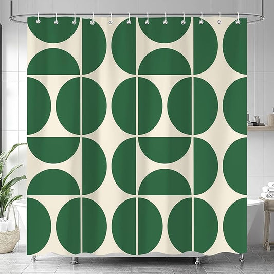 Green Mid Century Modern Shower Curtain, Boho Abstract Geometric Retro Art Bath Curtains for Bathroom, Colorful Unique Pattern Waterproof Polyester Fabric Bathroom Set 12 Hooks 60X72IN