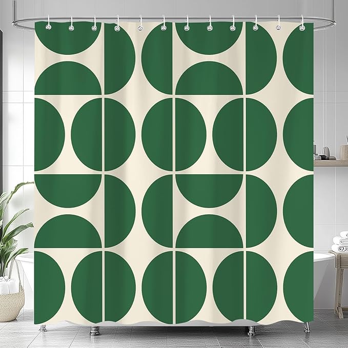Green Mid Century Modern Shower Curtain, Boho Abstract Geometric Retro Art Bath Curtains for Bathroom, Colorful Unique Pattern Waterproof Polyester Fabric Bathroom Set 12 Hooks 72X78IN