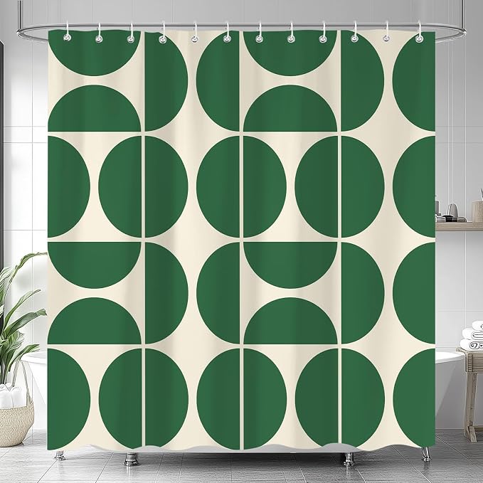 Green Mid Century Modern Shower Curtain, Boho Abstract Geometric Retro Art Bath Curtains for Bathroom, Colorful Unique Pattern Waterproof Polyester Fabric Bathroom Set 12 Hooks 60X72IN