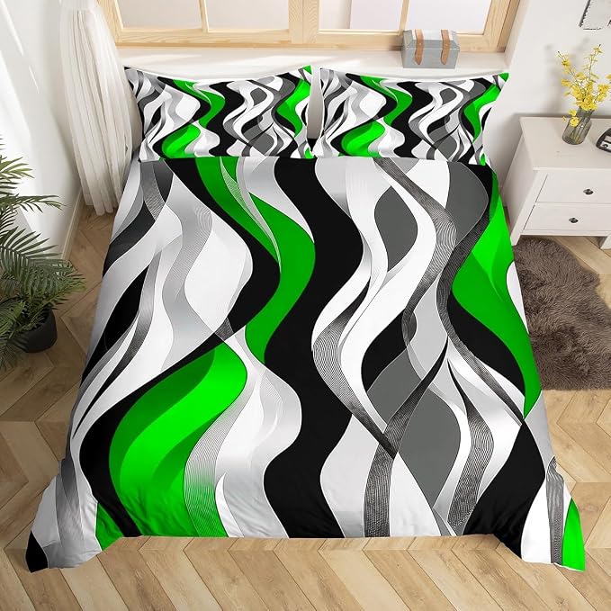 Green Black Stripes Duvet Cover Set King Size,Abstract Simple Wave Striped Bedding Set,Boys Girls Room Decor,Contemporary Art Geometric Comforter Cover,Comfy Quilt Cover,2 Pillowcases(No Filler)
