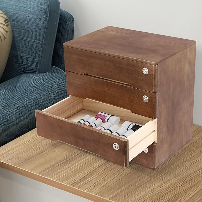 Desktop File Organizer with Lock, 2/3/4 Tier Multi-Drawer Wooden Storage Cabinet, Office Supply Organizer for Home Desk, Study & Workplace (Walnut, 4 Layers)