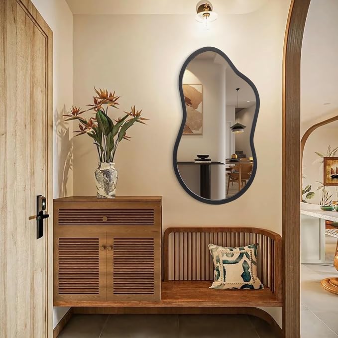 AAZZKANG Large Irregular Wall Mirror 26"x16" Black Asymmetrical Mirrors Modern Wood Frame for Bathroom Bedroom Living Room Entryway