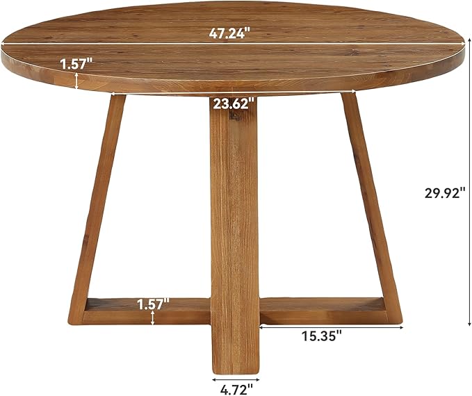 47.2" Solid Wood Dining Table, Farmhouse Round Kitchen Table for 4, Rustic Circle Tables with Sturdy Trestle Base for Dining Room & Kitchen, Warm Oak Finish
