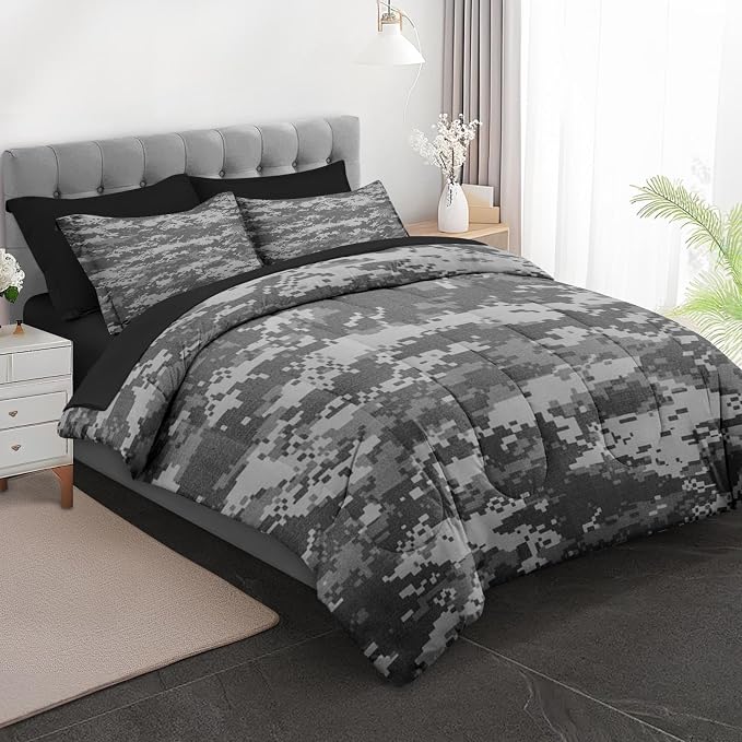 5Pcs Comforter Set Twin Size, Gray Camouflage Digital Camo Army Military, Bedding Decor Navy Brown Us Black White Bedroom Bed Set Flat Sheet Fitted Sheet Pillowcases Shams for Kids Adults
