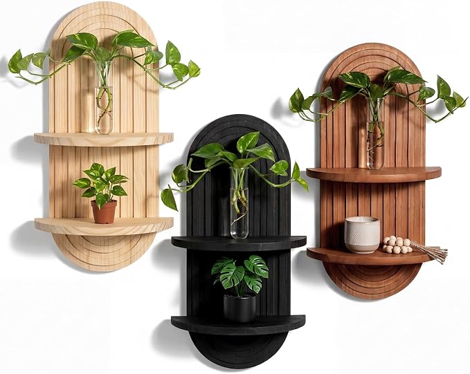 Pinkunn 3 Pcs Boho Wall Decor Floating Plant Wall Shelf Modern Mid Century Decor Hanging Natural Wood Planter Holder for Home Bathroom Bedroom Living Room Office Holding Planter 15.75 x 6.69 Inches