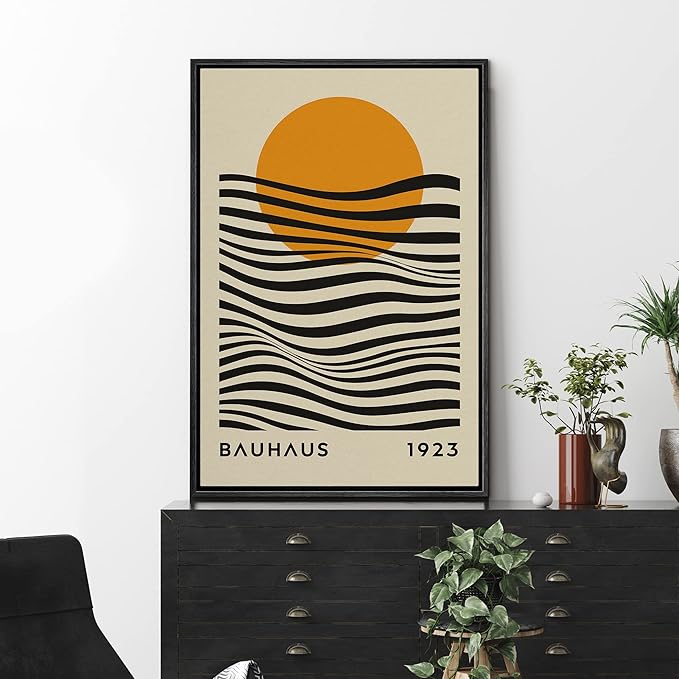 MUDECOR Framed Canvas Print Wall Art Mid-Century Bauhaus Geometric Sun Waves Shapes Abstract Illustrations Modern Art Minimal Multicolor Relax/Calm for Living Room, Bedroom, Office - 16"x24" Black