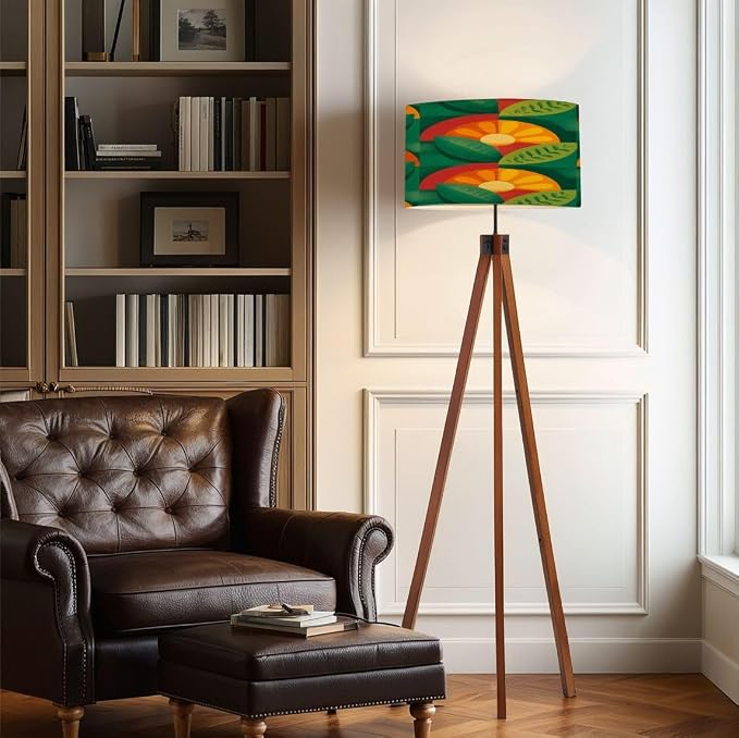 Wood Tripod Floor Lamp Fruits leaves nature Mid century modern art Abstract geometric Mid Century Standing Lamp Linen Shade Dimmable Modern Tall lamp Home Decor for Living Room Bedroom Office