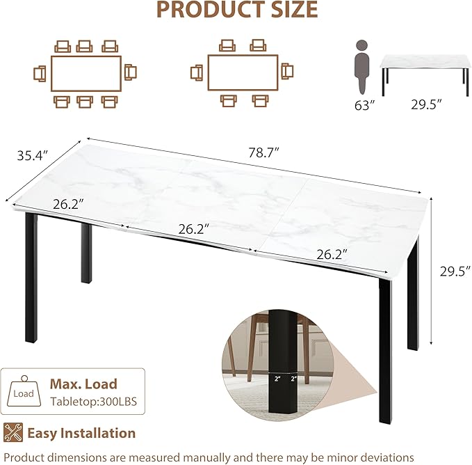 Garvee Dining Room Table for 6-8 People, 79”Dining Table, Rectangular Kitchen Table with Iron Legs, Quick Assembly, 300 Lbs Capacity, for Dining Room, Kitchen and Living Room, Marble
