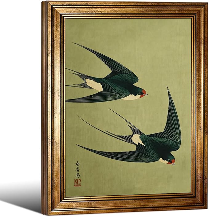 Gold Framed Japanese Flying Swallow Wall Art Asian Japandi Bird Animal Poster Nature Vintage Green Canvas Prints for Living Room Bedroom Home Decor 16x20 inch