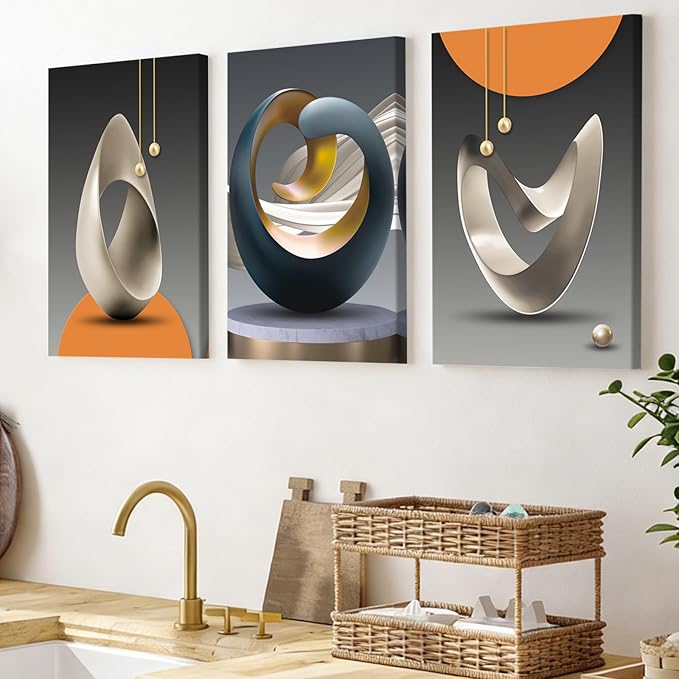 Pennimor 3 Piece Framed Abstract Wall Art, Geometric Wood Canvas Wall Decor, Modern Minimalist Bright Style Artwork Printing for Bathroom Bedroom Living Room Home Office Farmhouse 16x24in
