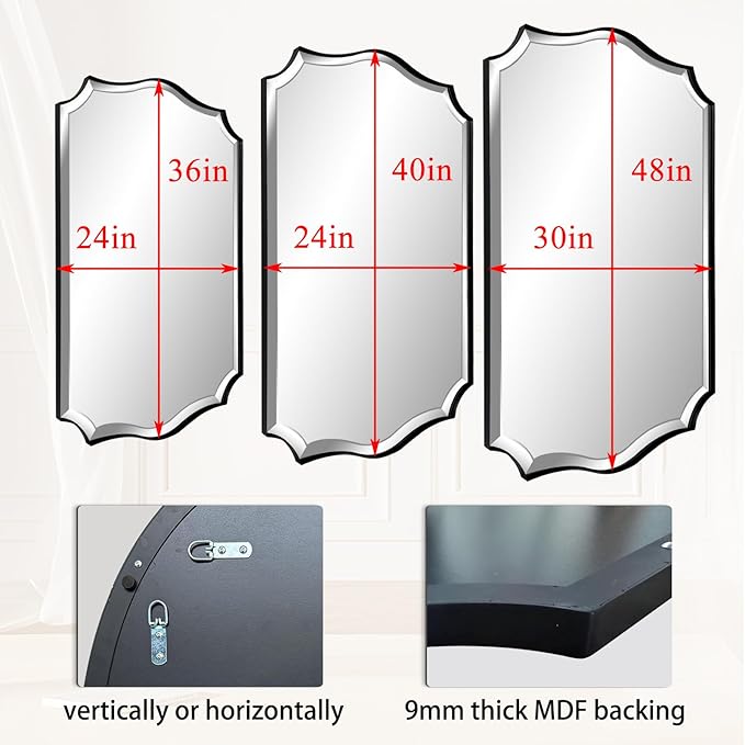 POZINO Scalloped Beveled Wall Mirror, 24"x36" Matte Black Rectangle Vanity Mirror for Over Sink, Modern Irregular Wavy Shaped Mirrors for Bathroom Living Room Bedroom Fireplace Entryway