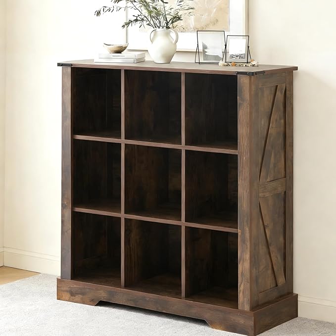9 Cube Storage Organizer, 3 Tier Book Shelf with Led Lights, Farmhouse Book Shelves for Living Room, Horizontal Toy Storage Bookshelf, Wood Display Bookcase Cabinet for Bedroom, Office, Brown