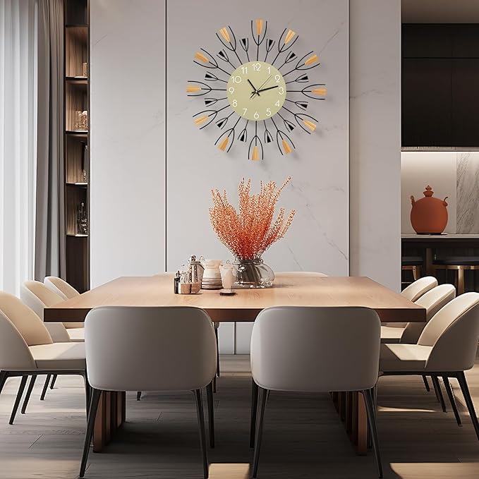 24 Inch Large Modern Wall Clock – Mid Century Sunburst Decorative Silent Non-Ticking Battery Operated Metal Analog Clocks for Living Room, Entryway, Bedroom, Office
