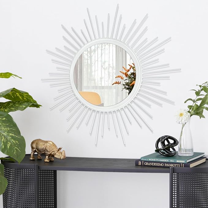 Sunburst Spoked White Large Wall Mirror Boho Home Circle Art Mirror Modern Metal Mirror for Wall Decorative Bathroom Bedroom Vanity Hallway Balcony Living room Entryway 20"