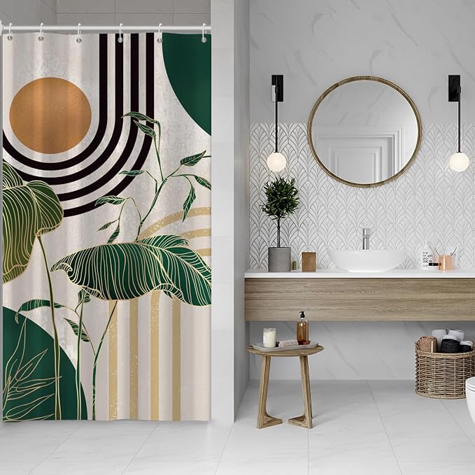 Boho Green Geometric Shower Curtain Bohemian Abstract Mid Century Tropical Bathroom Curtain Minimalist Modern Palm Leaf Shower Curtain Sets for Bathroom Extra Long 36x72 in with 6 Hooks