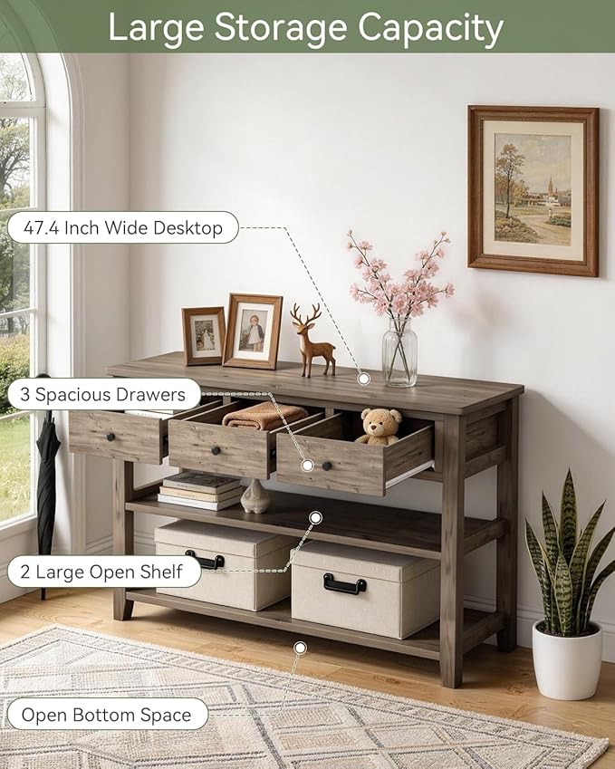 Karl home Console Table with 3 Drawers, 47" Farmhouse Wash Grey Entryway Sofa Table with Silent Slide Rails & Anti-Fall Guardrails for Hallway, Living Room, Foyer, Office