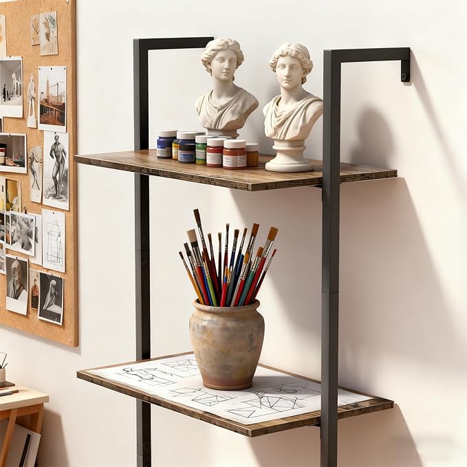 5 Tier Wall Mounted Bookshelf, 15.74" D x 9.44" W x 62.99" H, Narrow Ladder Bookcase with Metal Frame for Home Office, Living Room, Study, Industrial, Brown