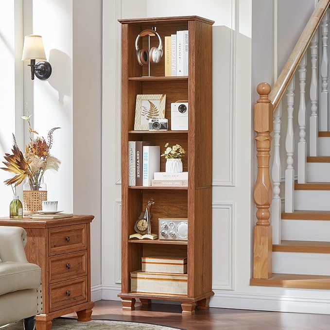 SAVOR LIFE Narrow Brown Book Shelf, 70" Tall Skinny Bookshelf with Adjustable Shelves & Wooden Legs, Farmhouse Wood Bookcase w/5-Tier Open Storage, Free Standing Book Case for Office, Living Room