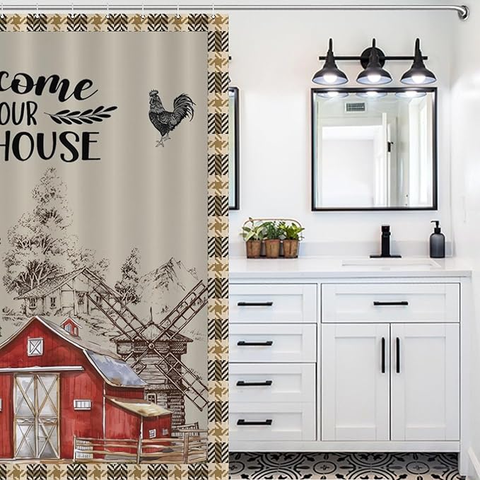 Farmhouse Animal Cabin Shower Curtains Rustic Plaid Buffalo Barn Rooster Waterproof Shower Curtains for Bathroom Decor 12 Pack Hooks 72x72in (183x183cm)