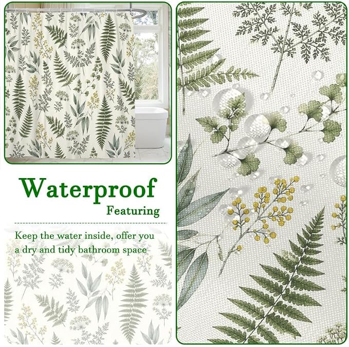Fern Leaf Vintage Sage Green Shower Curtain Eucalyptus Farmhouse Plant Leaves Rural Floral Botanical Art Natural Waterproof Curtain for Bathroom 72x84 in with 12 Hooks