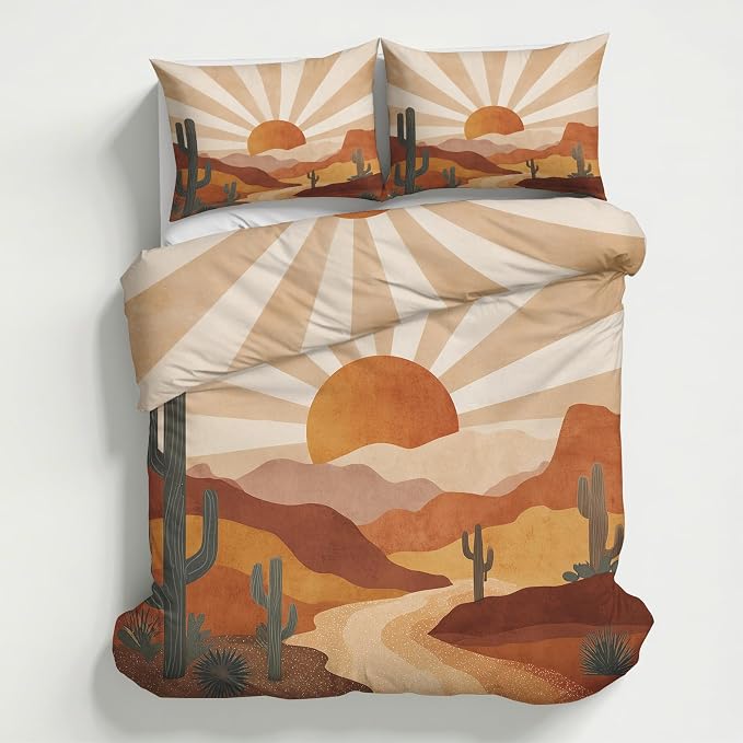 Boho Sun Duvet Cover California King Size, Mid Century Bedding Set 3 pcs with 2 Pillow Covers, Retro 70s Bedroom Decor, Soft Microfiber Reversible, Zipper & Ties KJJT 81