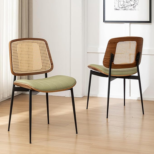 Rattan Dining Room Chairs Set of 2,Mid Century Modern Green PU Leather Kitchen Chair,Upholstered Seat Metal Legs Chair with Adjustable Foot Pads,Walnut Armless Side Chairs