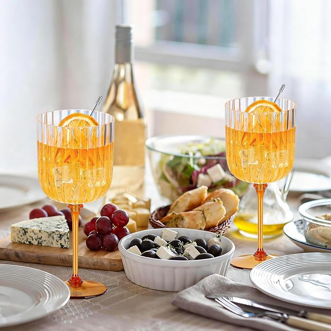 48 PCS Plastic Ribbed Wine Glasses 11oz Clear and Amber Detachable Wine Goblet Unbreakable Vintage Ripple Water Goblets Cocktail Drinking Cups for Parties Weddings Poolside Outdoors