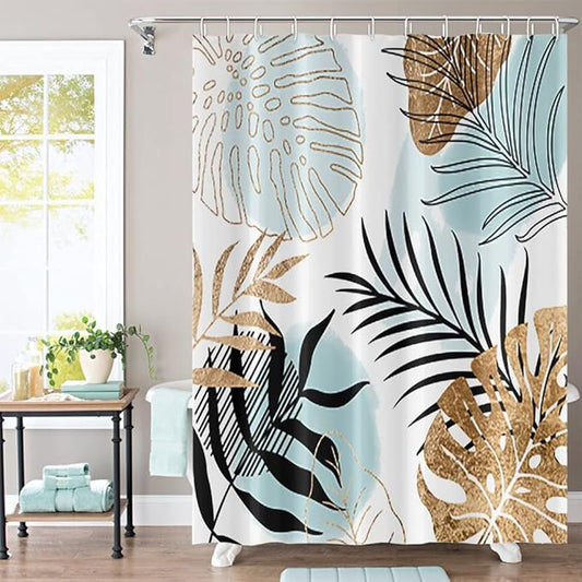 Abstract Mid Century Shower Curtain 72Wx84H Boho Geometric Light Blue Black Golden Leaves Minimalist Aesthetic Modern Art Fabric Waterproof Home Bathroom Decor 12 Plastic Hooks