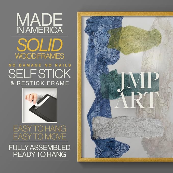 Renditions Gallery Set of 2 Peel & Stick Framed Prints, Elegant Abstract Wall Art, Dyed Cloth Texture Wall Decor, Re-Stickable - Ready to Hang - 8"x10" - GOLD Frame LT588