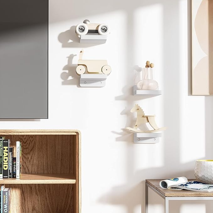 SRIWATANA Small Floating Shelves Wall Mounted, Wood Shelf for Decoration and Storage Set of 4, Mini Display Shelf for Bedroom, Bathroom, Kitchen, Office (White, 4 inch)