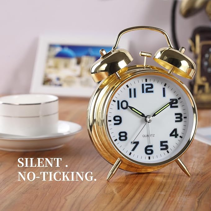 Tetino Super Loud Alarm Clock for Heavy Sleepers,4 inches Twin Bell Alarm Clock with Backlight,Battery Operated,Silent Non Ticking,for Kids,Adults,Bedrooms,Retro Decor Desk Analog Clocks. (Golden)