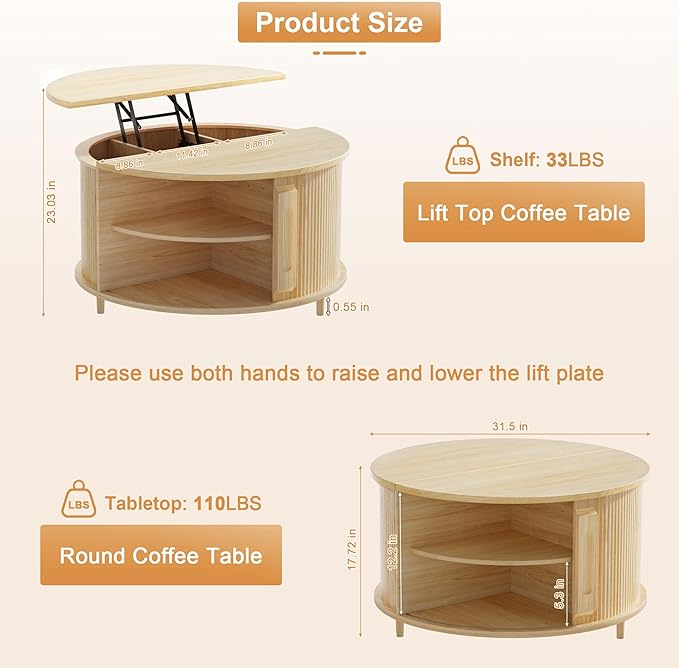 Round Lift Top Coffee Table, 31.5” Fluted Wood Lift Up Center Table with Sliding Door & Hidden Storage, Mid Century Modern Coffee Table for Living Room & Home Office (Natural)