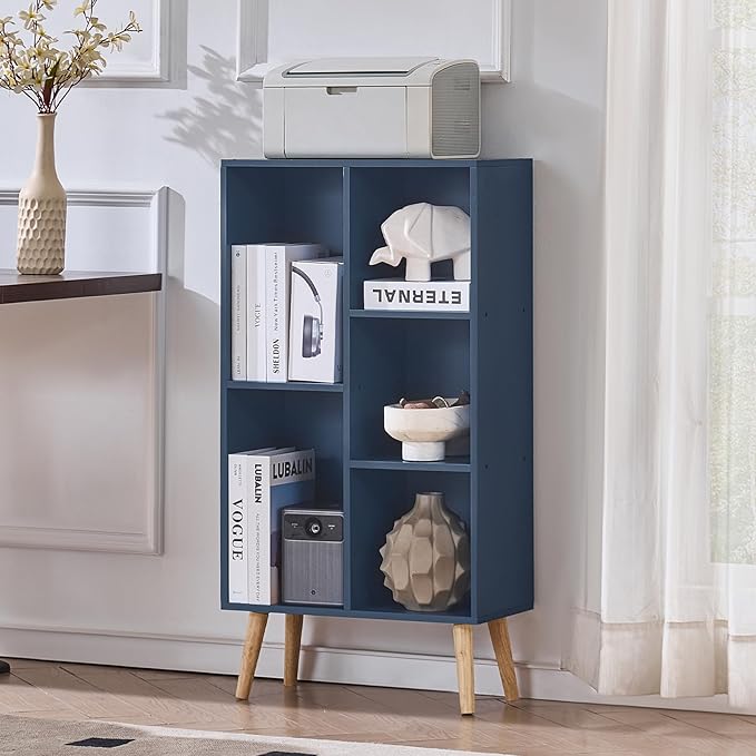 LEYAOYAO 5 Cube Bookshelf 3-Tier Bookcase with Legs,Mint Dark Blue Kids Book Shelf Cute Storage Organizer,Free Standing Open Toy Shelves Wood Bookshelves,Display Bookcases for Bedroom,Living Room