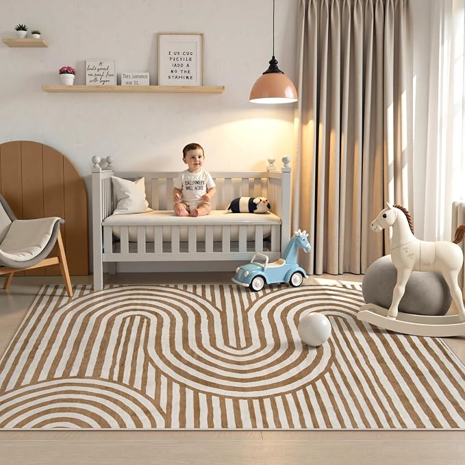 Lahome Abstract Area Rugs 5x7,Soft Living Room Rug Nursery Bedroom Rugs,Rainbow Colorful Playroom Rug Ultra-Thin Stain Resistance Throw Large Carpet for Kids Classroom Dorm Alba (5'X7',Khaki/Orange)