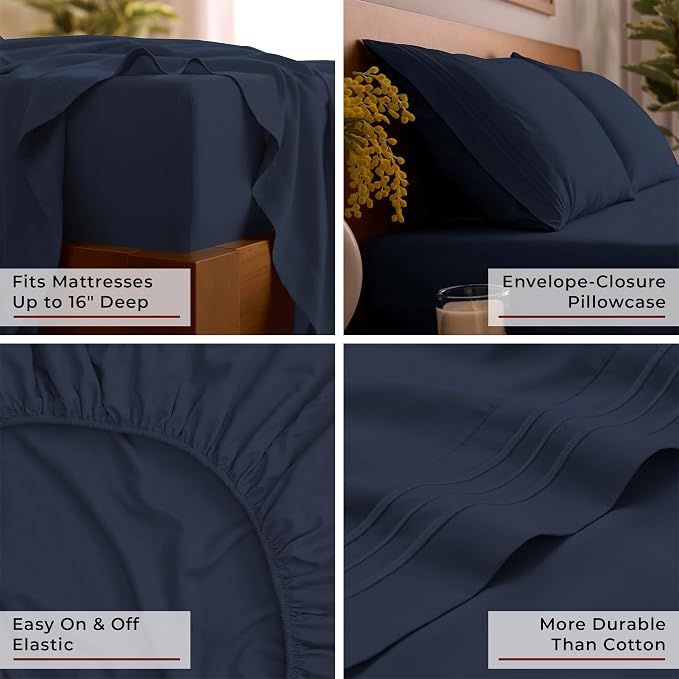 Mellanni Twin Sheets Set - 3 PC Iconic Collection Bedding - Hotel Luxury, Extra Soft, Cooling Bed Sheets - Wrinkle, Fade, Stain Resistant (Twin, Navy Blue)