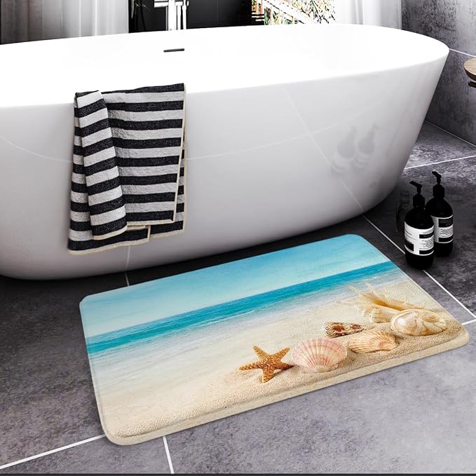 Britimes Bath Mat for Bathroom, Blue Beach Starfish Sea Washable Cover Floor Rug Carpets Floor Mat Bathroom Decorations 16x24 Inches for Kitchen Bedroom Indoor