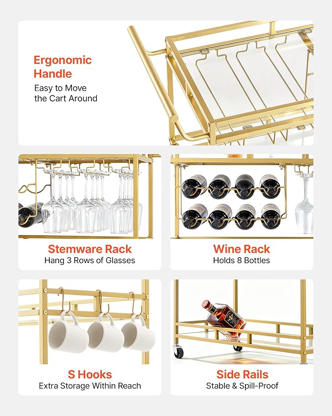 VEVOR Bar Cart, 3 Tiers Home Kitchen Serving Carts, Modern Rolling Utility Station on Wheels, Drink Beverage Trolley with Tempered Glass Shelves, Wine Rack, Glass Holder, for Living Dining Room, Gold
