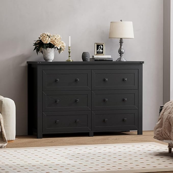 6 Drawer Dresser for Bedroom, Black Modern Dressers & Chests of Drawers with Metal Handles, Closet Storage Dresser, Storage Cabinet and Organizer with Drawers